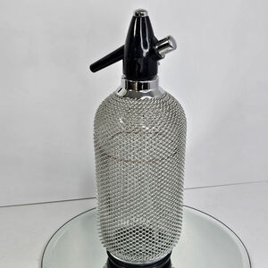 Vintage 14” Glass Soda Siphon Seltzer Bottle Chain Mesh Cover Chrome